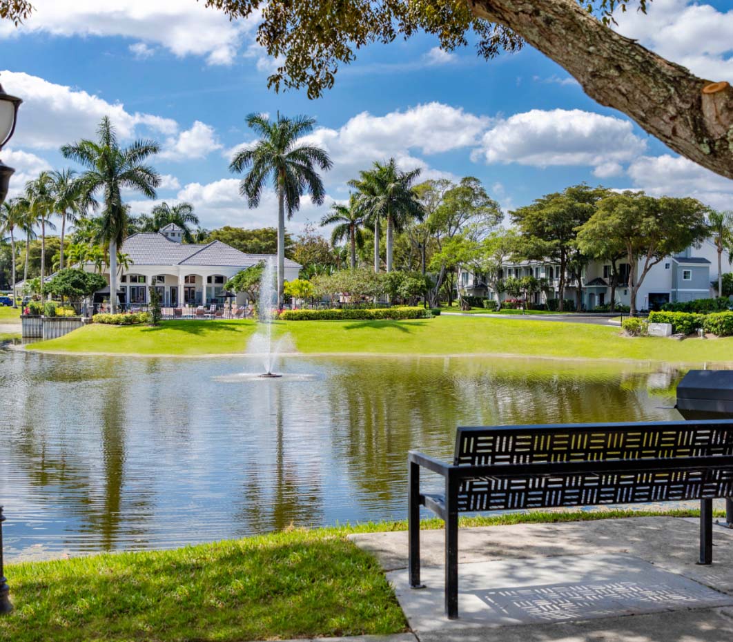 view of the pond and fountain at our luxury apartments in Delray Beach