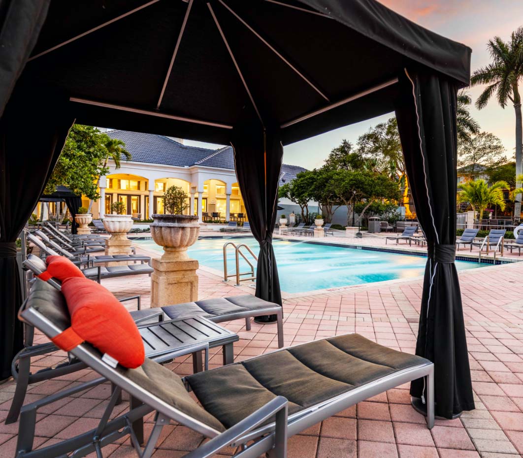 poolside cabanas at our luxury apartments in Delray Beach